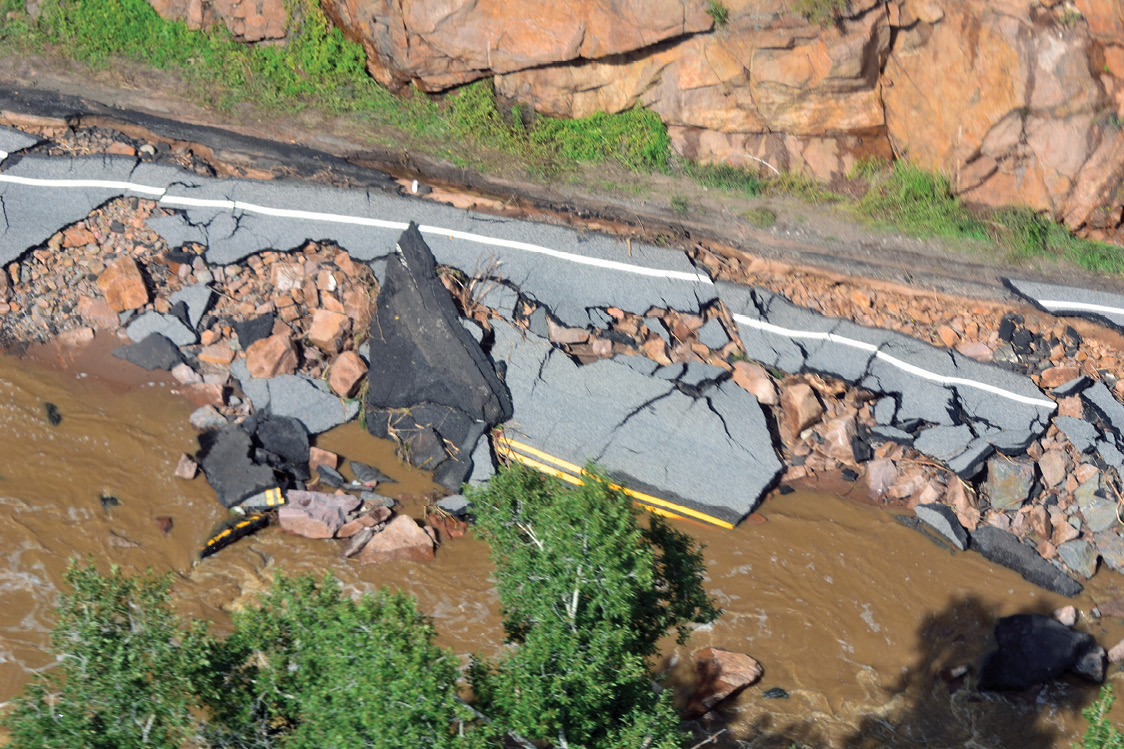 A view of heavy rain destruction during flood rescue and recovery operations in Boulder, CO, on 16 September 2013. U.S. Soldiers with 4th Combat Aviation
      Brigade, 4th Infantry Division, assisted state and local emergency response efforts under IRA. (Credit: SGT Jonathan C. Thibault)